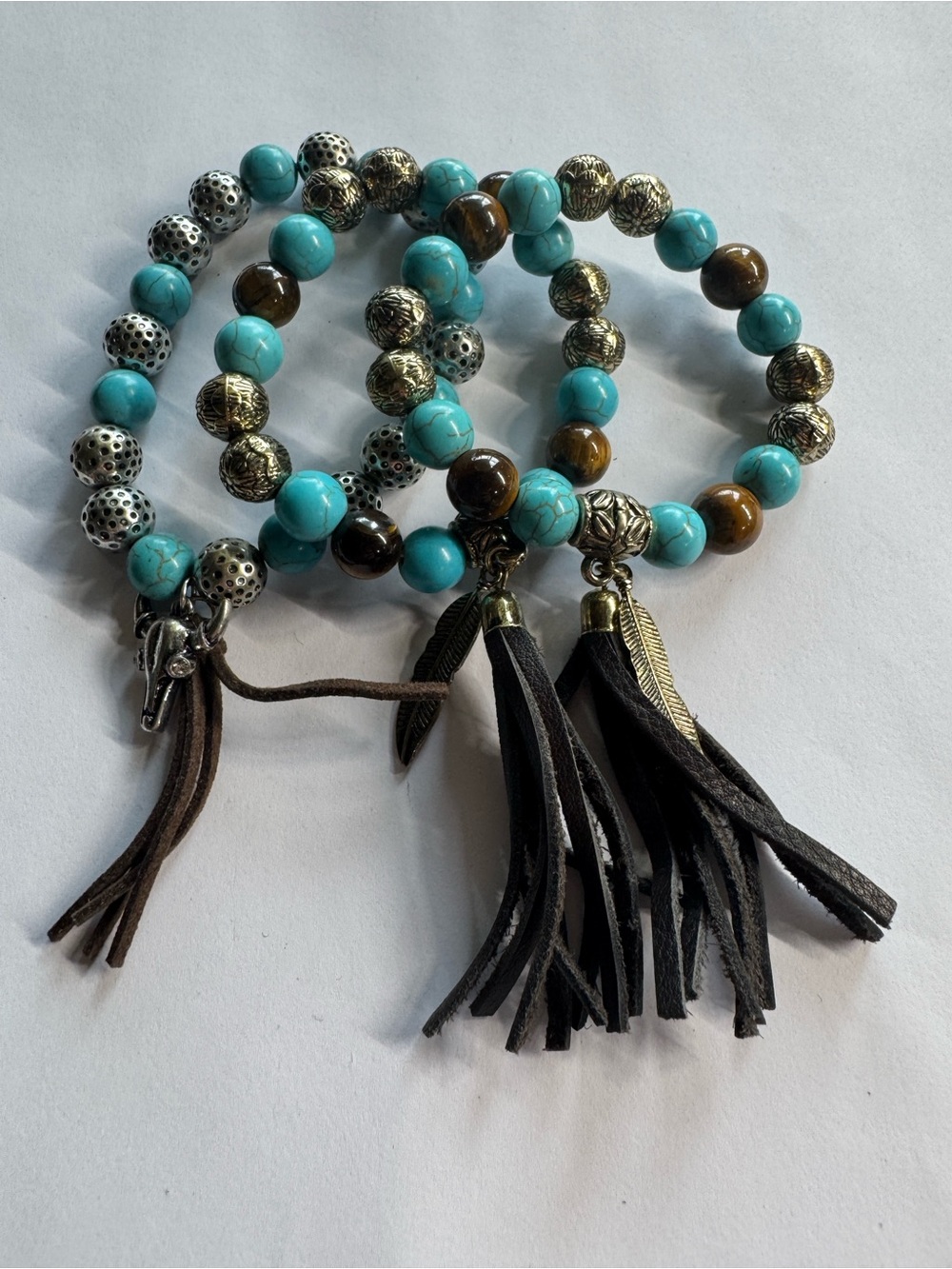 Shyanne Turquoise and Brown Bead Tassel Bracelet Set